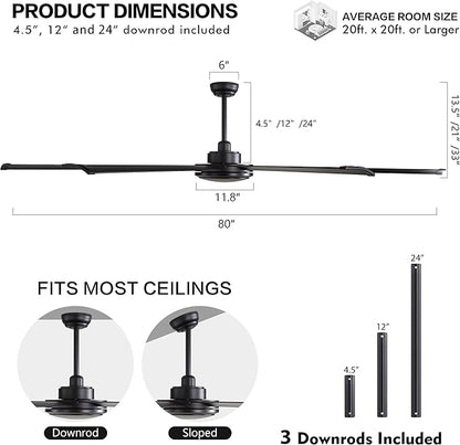 WINGBO 80 Inch Industrial Ceiling Fan without Light, 8 Aluminum Blades Ceiling Fan No Light, 6-Speed Reversible Noiseless DC Motor for Kitchen Bedroom Living Room, Matte Black