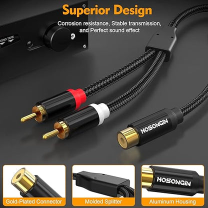 HOSONGIN 1ft RCA Splitter 1 Female to 2 Male Y Adapter 2 Pack, Short RCA Audio Speaker Splitter Cable, Double Shielding Black Nylon Braided Cable - Gold-Plated Plug - Length 12 Inch