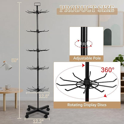 Exttlliy 5-Tier Metal Spinning Display Stand Rack with Wheels, Black Iron, 50 Hooks, Lockable Wheels, Ideal for Jewelry, Accessories, Foods
