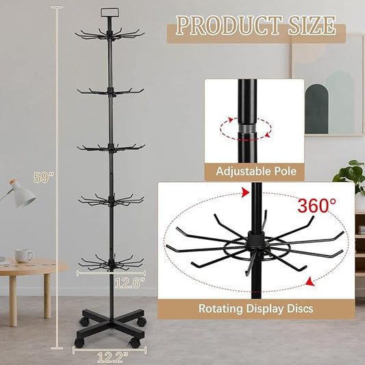 Exttlliy 5-Tier Metal Spinning Display Stand Rack with Wheels, Black Iron, 50 Hooks, Lockable Wheels, Ideal for Jewelry, Accessories, Foods