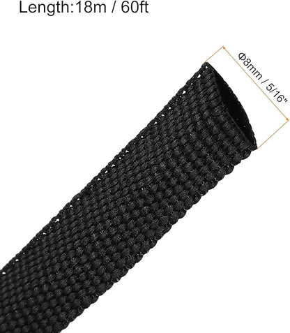 MECCANIXITY Braided Cable Sleeves Heat Shrinkable Fabric Sleeving, 5/16" 60ft Black 2:1 Ratio Heat Shrinkable Cord Protector for Harness Cable, Network Cable Protection, Cable Management