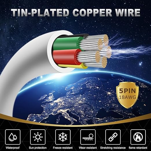 18 Gauge 5 Conductor Electrical Wire, 32.8FT White Stranded Low Voltage 18/5 Cable, PVC Case, Tinned Copper for LED Strips, Lamp Lighting, Automotive