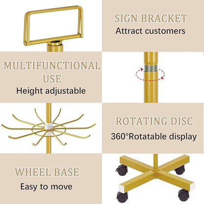 Exttlliy Retail Display Stand Store Display Rack 6 Tier Metal Spinning Display Stand Rack with Wheels Keychain Jewelry Stocking Hat Stand with Hooks for Malls, Showroom, Retail Store (6 Tier Gold)