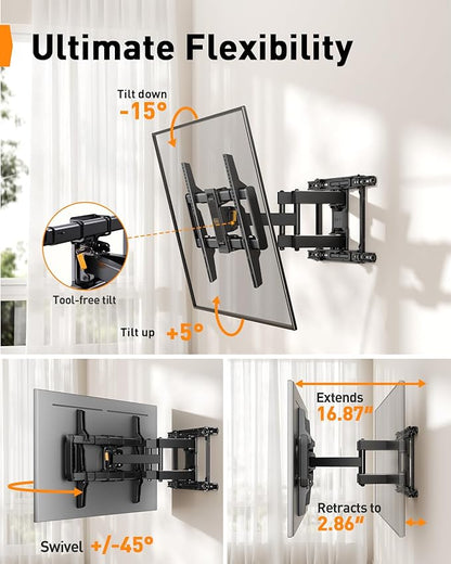 Perlegear Full Motion TV Wall Mount for 42–90 inch TVs up to 132 lbs, Preassembled and Telescopic Design for Easy Setup, Swivel, Tilt and Extension, Fits 16″/18″/24″ Wood Studs, Max VESA 600x400mm