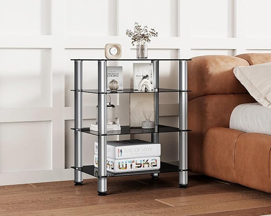 FITUEYES 4-Tier Media Stand Audio/Video Component Cabinet with Glass Shelf for/Apple Tv/Xbox One/ps4 Panda Silver Color