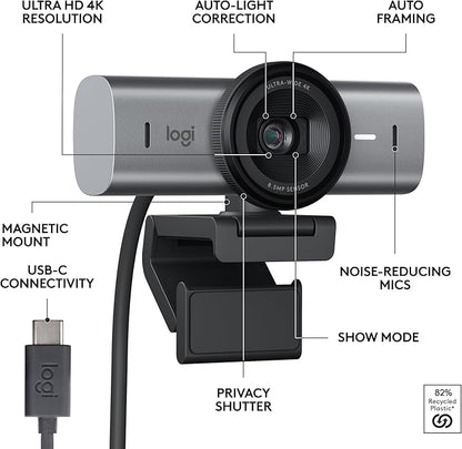 Logitech MX Brio Ultra HD 4K Collaboration, Streaming Webcam, 1080p at 60 FPS, Show Mode, Works with Microsoft Teams, Zoom, Google Meet, Nintendo Switch 2 New GameChat Mode - Graphite