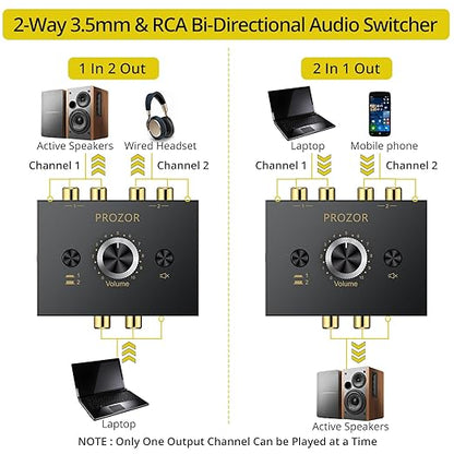 PROZOR 3.5mm & RCA Bi-Directional Audio Switch, 2-in-1-Out / 1-in-2-Out Passive Splitter with Volume Knob & Mute Button, Stereo L/R Audio Switcher Selector Box for Headphones, Amplifiers, Speakers