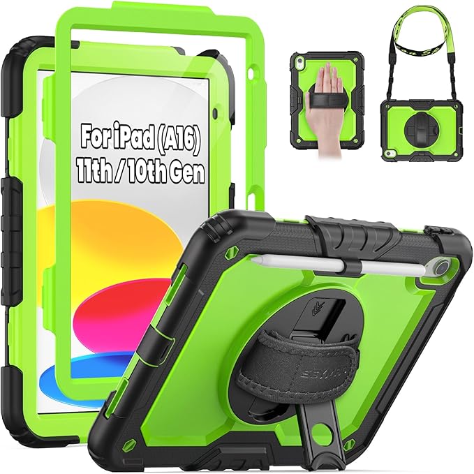 SEYMAC Case for iPad (A16) 11th/10th Generation 2025/2022 (11″/10.9″), Sturdy Heavy Duty Full-Body Shockproof Protective Case with Screen Protector, Rotating Stand, Hand/Shoulder Strap, Black/Green