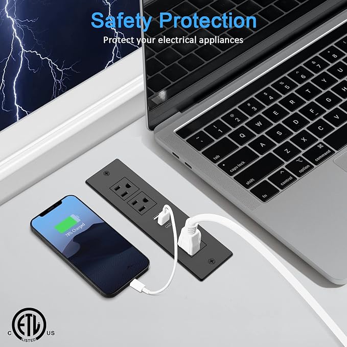 HEZI Recessed Power Strip, Furniture Drawer Outlet with 20W PD USB-C & 18W QC3.0 USB-A, Plug in 3 Outlets & USB Ports, Flush Mount 6FT Black Cord Conference Desk Outlet Fast Charge