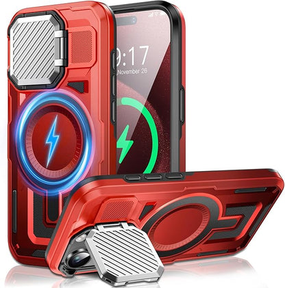 Camera Stand Case for iPhone 15 Pro Max, [Compatible with MagSafe] [Lens Cover] 2024 Version Military Grade Protective Soft Case for iPhone 15 Pro Max 6.7 inch Men Women, Red