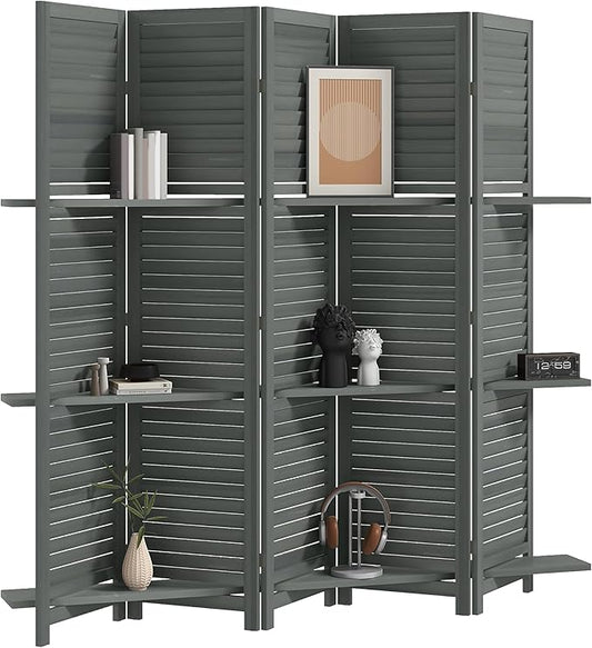 HOMCOM Room Divider, 5 Panel 67" Tall Wood Privacy Screen with 3 Display Shelves, and Folding Storage for Bedroom or Home Office, Gray