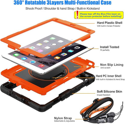 SEYMAC stock Case for iPad 6th / 5th Generation Case/Air 2 / Pro 9.7 inch, Heavy Duty Protective with Screen Protector, with Pencil Holder, Hand Strap, Shoulder Strap, 360 Rotate Stand, Orange+Black