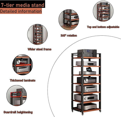 Dernoing 7 Tier Audio Rack Tower, CD Record Player Stereo Receiver AV Equipment Cabinet Display Rack, Weight Capacity 661 lbs, with Adjustable Wooden Shelves for Home (7 Tier Teakwood)