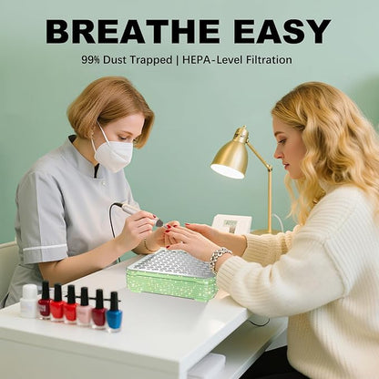 Nail Dust Collector | 1000PA Dust Collector Nail Tech | 10 Speed Levels | Low Noise & Strong Suction | Reusable Filter, 10 Pads + Nail Dust Brush | for Acrylic Nails, Salon & Home -Grass Green Diamond
