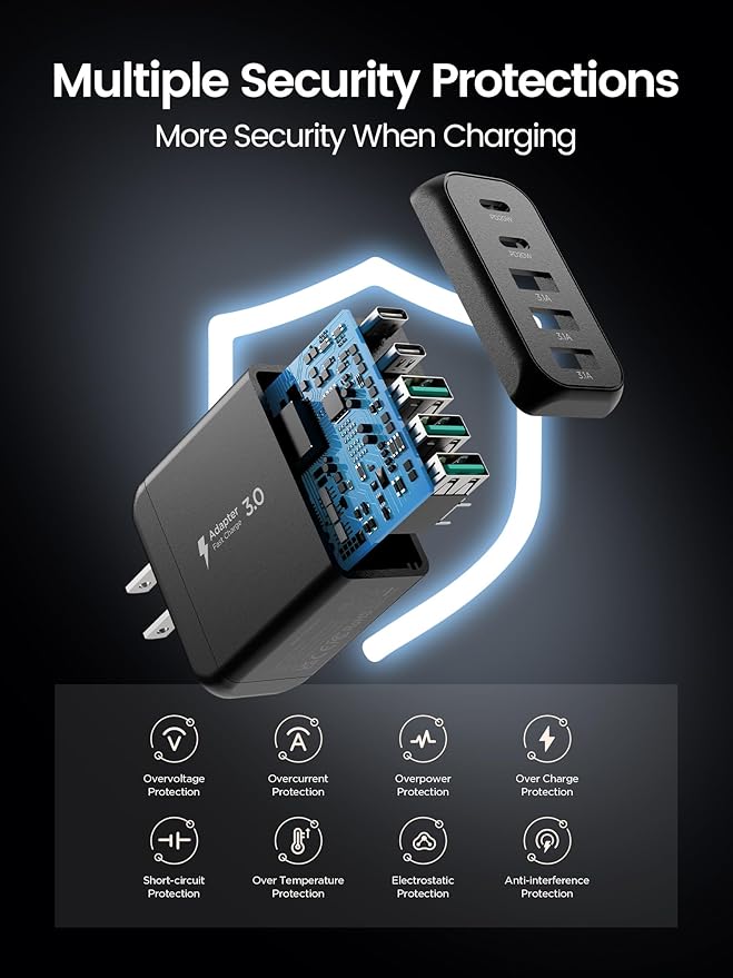 USB C Charger Block, [2-Pack] Type C Charger Fast Charging,50W 5-Port USB Wall Charger Multiport Type C Charging Block Cube for iPhone 16 15 14 13 12 11 Pro Max XS, iPad, Samsung & More-Black