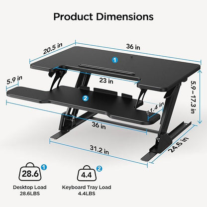 HUANUO 36" Z Shaped Stable Standing Desk Converter, Height Adjustable Sit Stand Up Desk Riser, Dual Monitor and Laptop Workstation with Wide Keyboard Tray, Desk Lifter for Home Office