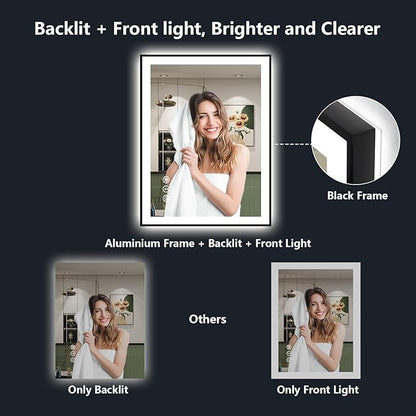 YEELAIT 24x36 Inch LED Bathroom Mirror with Lights (Front Lit and Backlit) Black Framed Lighted Vanity Mirror for Bathroom Wall Dimmable Anti-Fog Memory Tempered Glass Horizontal/Vertical