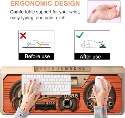 Ergonomic Keyboard Wrist Rest & Mouse Pad Wrist Rest Set, Large XXL Gaming Desk Mat 31.5"x 11.8" with Non-Slip Base, Memory Foam, Easy Typing Pain Relief for Home & Office, Retro Tape Recorder