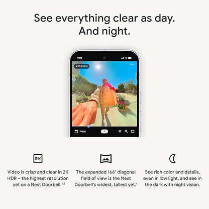 Google Nest Doorbell (Wired, 3rd Gen) - 2K Video and Gemini, Live View, Night Vision, 2-Way Audio - Works with Google Home - 2025 Model - Snow