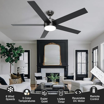 POCHFAN 60 Inch Black Ceiling Fans with Lights and Remote Control, Quiet Modern Ceiling Fan for Bedroom,Living Room, Dining Room,Dimmable 3-Color Temperatures 6-Speed