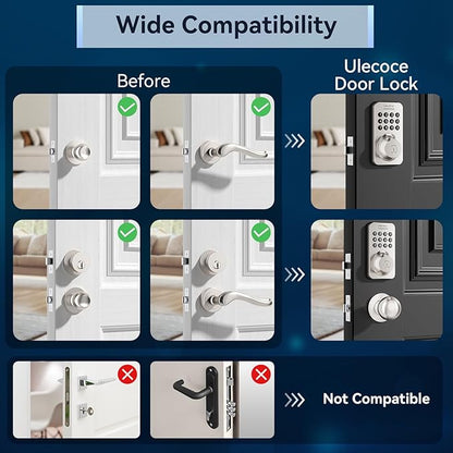 Ulecoce Fingerprint Keypad Deadbolt with Handle Set, Keyless Entry Door Lock, Door Locks for Front Door Lock Set, App Control, Auto Locking, Easy to Install, Satin Nickel