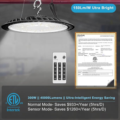 Lightdot Smart LED High Bay Light 300W 45000lm Commercial Bay Lighting 5000K AC100-277V UFO LED High Bay Shop Lights with Remote Control Supports Normal Mode & Motion Mode-6Pack