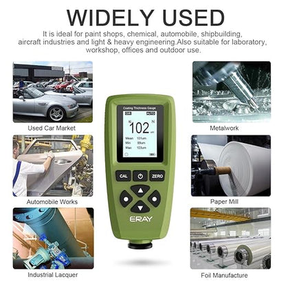 Mil Thickness Gauge, Coating Thickness Gauges, ERAY Paint Depth Gauge Meter with Backlight LCD Display for Car Automotive, Limit Alarm/Data Storage/Export Data/PC Software Analysis (Green)