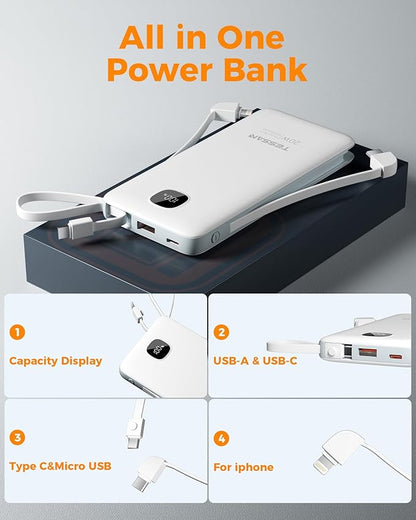 TESSAN Portable Charger with Built in Cables, 10000mAh Power Bank Fast Charging with Foldable Wall Plug Charger, 20W Compact Battery Pack Travel Essentials for iPhone 16/15 Series, Samsung, Tablets