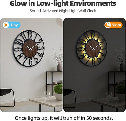 Casaformia 32'' Large Silent Wall Clock with Night Light, Glow in The Dark Decorative Wall Clock Battery Operated, Rustic Modern Metal & Wood Clocks for Bedroom Living Room Decor, Arabic Numerals