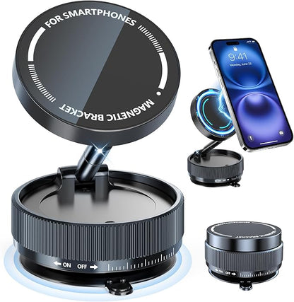 Vacuum Magnetic Phone Holder, Suction Cup Phone Mount for Car [80 LBS Strongest Suction & 2400gf Strongest Magnetic] 3s Fast Install, 360 Rotatable Phone Stand for iPhone Android Mirror & Gym