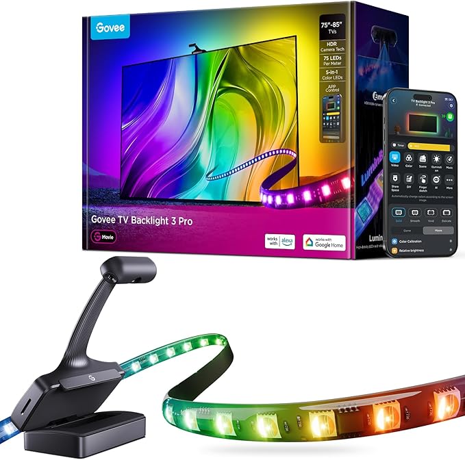 Govee TV Backlight 3 Pro with HDR Triple Camera, 16.4ft 5-in-1 RGBWWIC LED Strip Lights That Change with 75-85 Inch TVs, 75LEDs/m, Supports AI Filter, Smart App and Voice Control, DreamView Sync