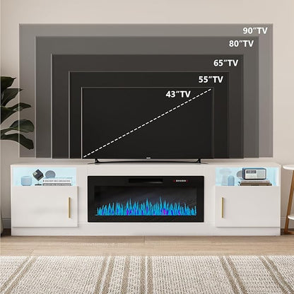 VITESSE TV Stand with 36" inch Electric Fireplace Up to 90" TVs, LED Light Entertainment Center, 80" Modern Wood High Gloss Fireplace with Highlight Storage Cabinet for Living Room (White)
