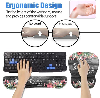 Ergonomic Mouse Pad Wrist Support and Keyboard Wrist Rest Set with Coasters, Non-Slip PU Base, Easy Typing & Pain Relief for Computer Laptop Home Office, Floral Quote Bible Verse Psalm 46:5