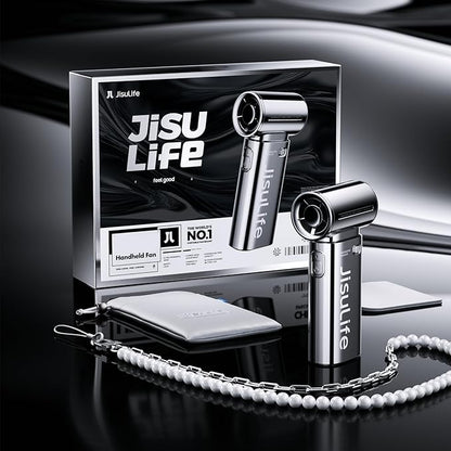 JISULIFE Portable Handheld Fan Life9, Turbo Power High Speed Air [18H Max Cooling Time], 5 Gear Wind, 5000mAh Rechargeable, Mini Pocket Design, Personal Fan for Travel Concerts Camping Makeup - Chrome