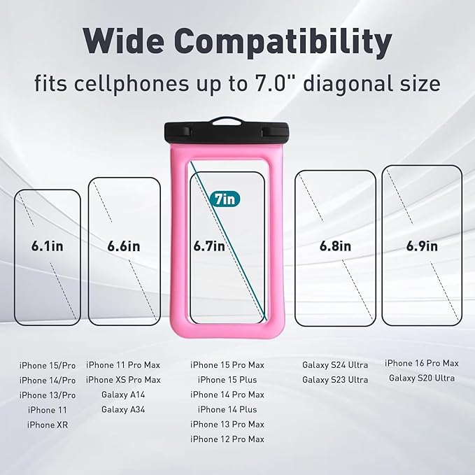 Floatable Waterproof Phone Pouch/Case with Crossbody Lanyard for iPhone 16 Pro Max/15 Pro/14/13/12, IP68 Cellphone Dry Bag Beach Cruise Ship Essentials, 1 Pack-Pink-7″