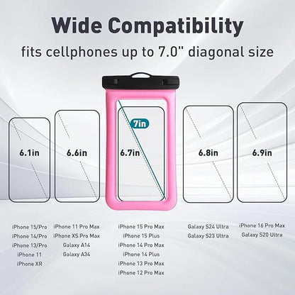 Floatable Waterproof Phone Pouch/Case with Crossbody Lanyard for iPhone 16 Pro Max/15 Pro/14/13/12, IP68 Cellphone Dry Bag Beach Cruise Ship Essentials, 1 Pack-Pink-7″