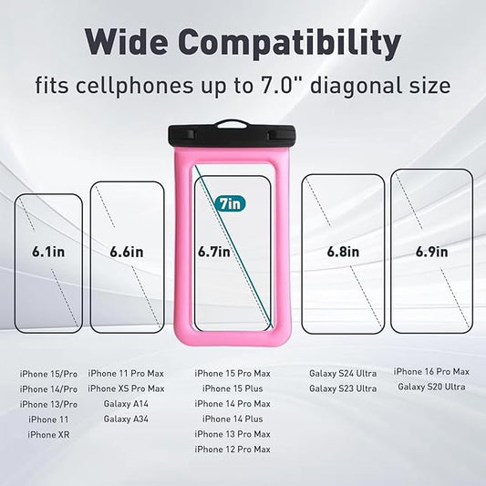 Floatable Waterproof Phone Pouch/Case with Crossbody Lanyard for iPhone 16 Pro Max/15 Pro/14/13/12, IP68 Cellphone Dry Bag Beach Cruise Ship Essentials, 1 Pack-Pink-7″