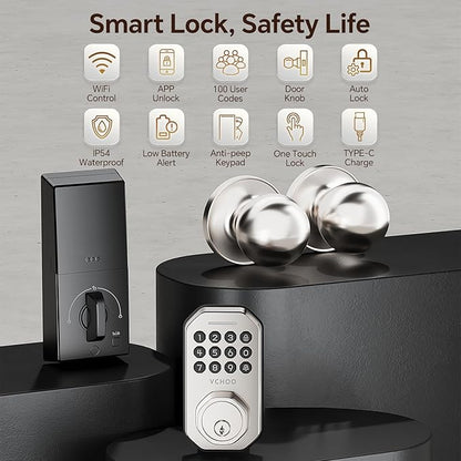 VCHOO Keyless Entry Door Lock Set WiFi Smart App Control Door Lock for Front Door Keypad Deadbolt with 2 Knobs Auto Lock One Time Codes Easy Install, Satin Nickel