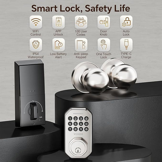 VCHOO Keyless Entry Door Lock Set WiFi Smart App Control Door Lock for Front Door Keypad Deadbolt with 2 Knobs Auto Lock One Time Codes Easy Install, Satin Nickel
