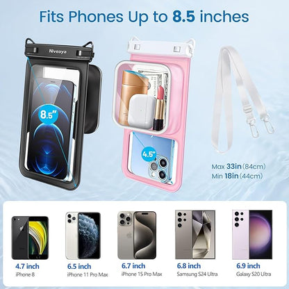 Niveaya [Floatable Floating Waterproof Phone Pouch 2 Pack-Up to 8.5", Large Space Adjustable Neck Lanyard Waterproof Phone Case, Phone Dry Bags for Vacation Beach Pool Kayak Cruise Travel Essentials