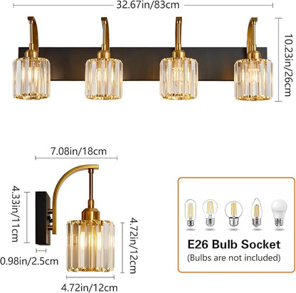 FDPBY 4-Light Crystal Vanity Light, Modern Black Gold Bathroom Wall Sconce with K9 Crystal Shades, 32.67" Long Over Mirror Lighting for Vanity, Makeup, Hallway, Elegant & Easy Install