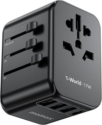 MOMAX European Travel Plug Adapter, Worldwide All in One Travel Adapter, International Power Adapter Wall Charger with 3 USB A and 1USB C Charging Ports for Travel Essentials (Type C/G/A/I)