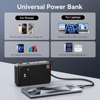 Fast Charging Portable Charger Power Bank 10,000mAh PD35W USB-C Battery Pack with 65W GaN Wall Charger, Built in USB C Cable for iPhone 16/1514/13 Series, Laptop, Samsung, Pixel, MacBook, Dell
