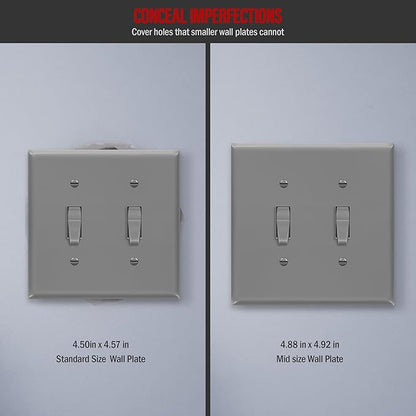 ENERLITES Double Light Switch Wall Plate, Toggle Switch Plate, Gloss Finish, 2-Gang Mid-Size 4.88" x 4.92", Unbreakable Polycarbonate Thermoplastic, UL Listed, 8812M-GY, Gray