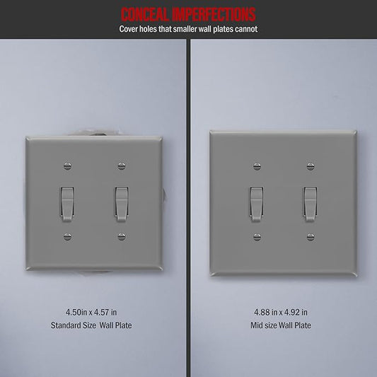 ENERLITES Double Light Switch Wall Plate, Toggle Switch Plate, Gloss Finish, 2-Gang Mid-Size 4.88" x 4.92", Unbreakable Polycarbonate Thermoplastic, UL Listed, 8812M-GY, Gray
