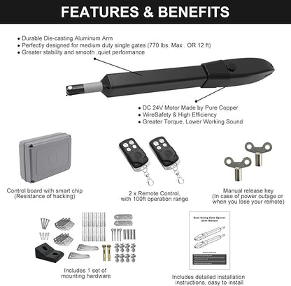 JUJIANG Automatic Gate Opener with Remote Complete Kit for Swing Gate Up to 770lb 16FT per Arm, Electric Gate Opener Medium Duty Dual Swing Gate Opener Automatic Gate Motor 60W AC Powered PKM-C026