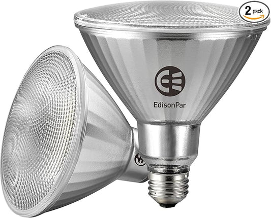 EdisonPar Full-Glass PAR38 LED Flood Light Bulbs Outdoor/Indoor Equivalent 300 Watt, 4000 Lumens Ultra Bright, Non-Dimmable Waterproof 5000K Daylight, 2-Pack