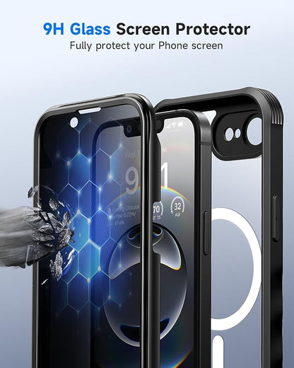 seacosmo for iPhone 16e Case, Full Body Bumper with Built-in 9H Tempered Glass Privacy Screen Protector and Camera Lens Protection, Compatible with MagSafe, Shockproof 16 e Phone Case, 6.1", Black