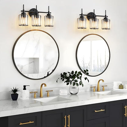 EJIAXIN 3 Light Crystal Vanity Light, Bathroom Lighting Fixtures Over Mirror Black Crystal Wall Light Bath Wall Lighting Modern Bath Wall Sconce Lighting for Bedroom Living Room