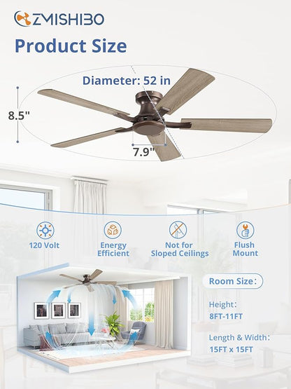 ZMISHIBO 52 Inch Ceiling Fan No Light, Flush Mount Low Profile, Farmhouse Brown Ceiling Fan Without Light, Remote Control & Quiet DC Motor, for Indoor&Outdoor, Bedroom, Living Room